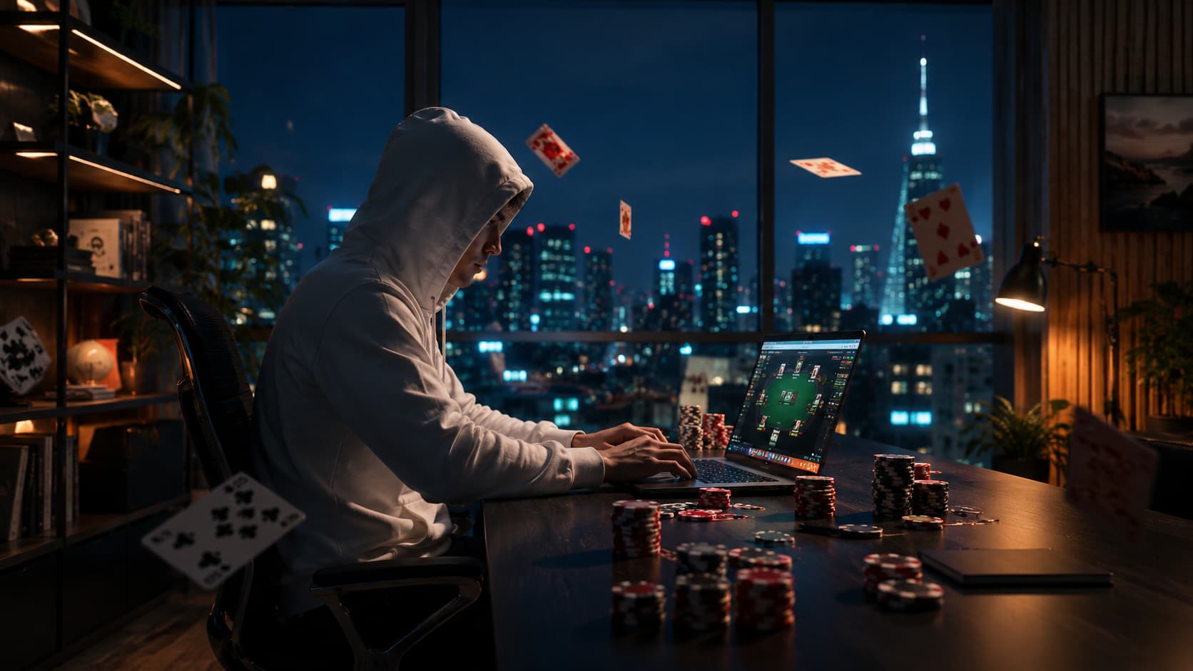 Jugador de póker online con hoodie jugando cash game de noche con fichas y laptop