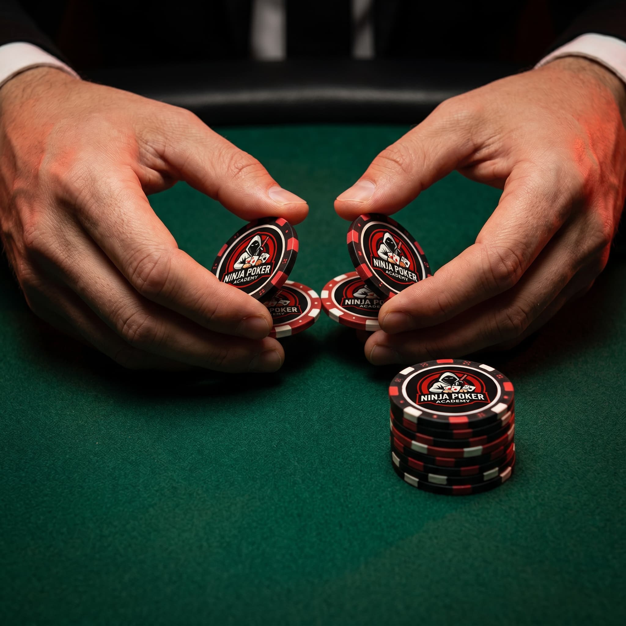 Fichas de Ninja Poker Academy sobre mesa de póker verde